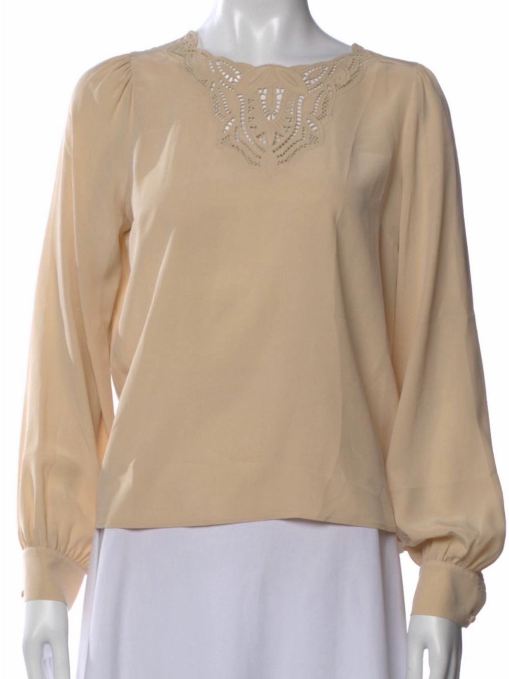 Sezane Cream Long-Sleeve Blouse with Cutwork Neckline